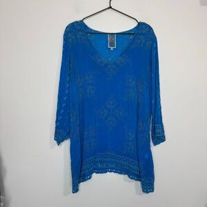 Johnny Was Embroidered V Neck Tunic Top M